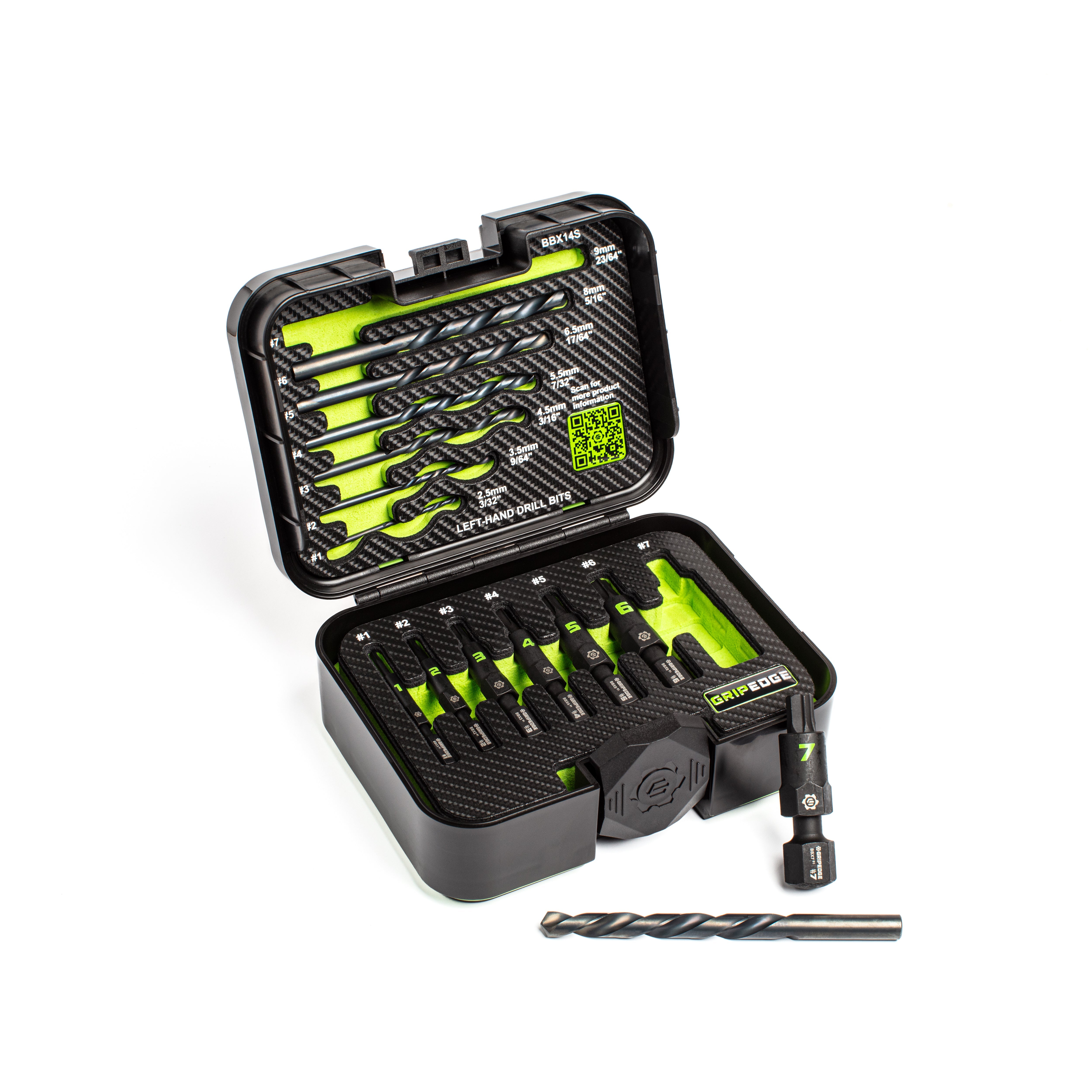 GripEdge BBX14S 14pc G-FORS Extractor Set angled open case view with #7 extractor and drill bit displayed outside
