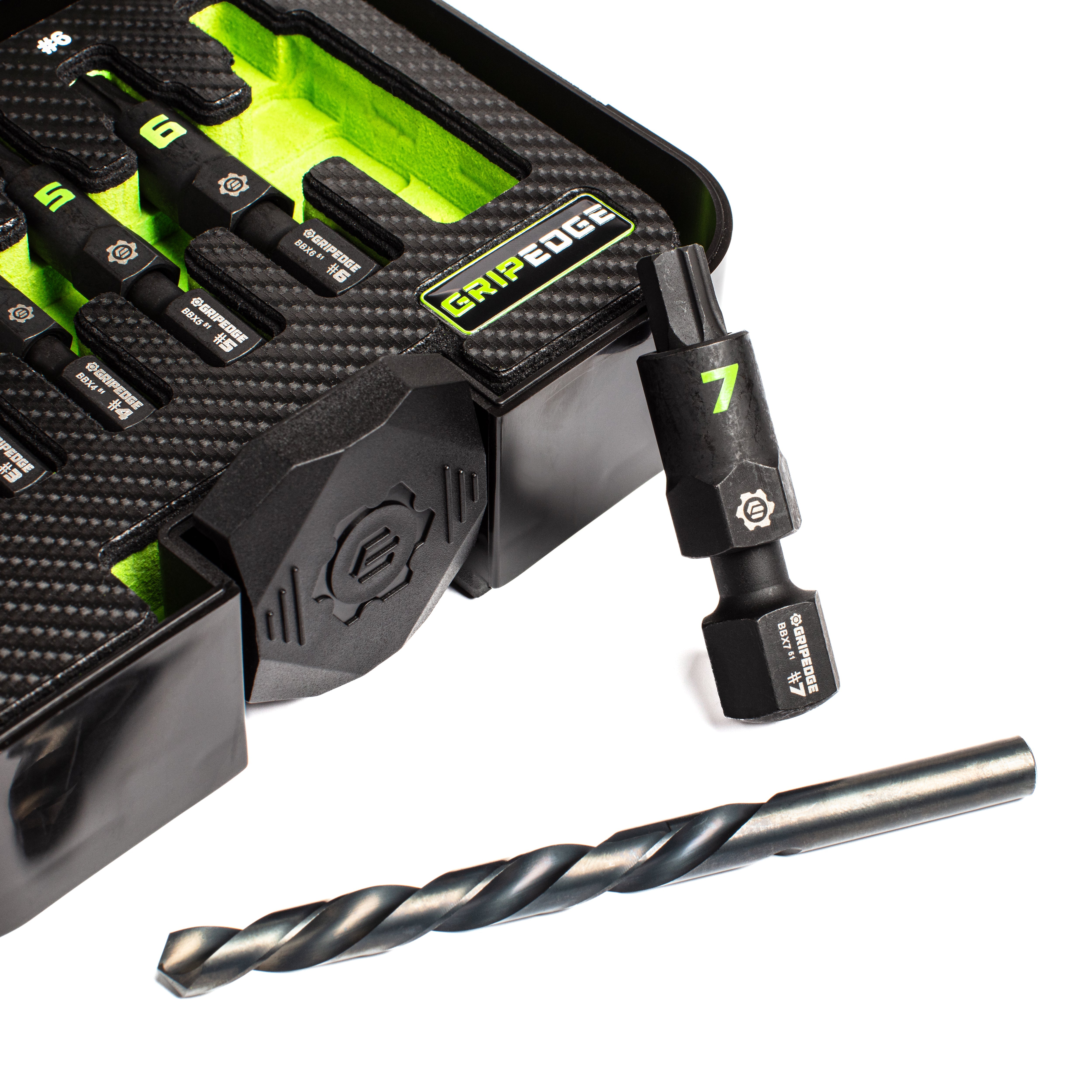 GripEdge BBX14S close-up of #7 G-FORS extractor and corresponding left-hand drill bit