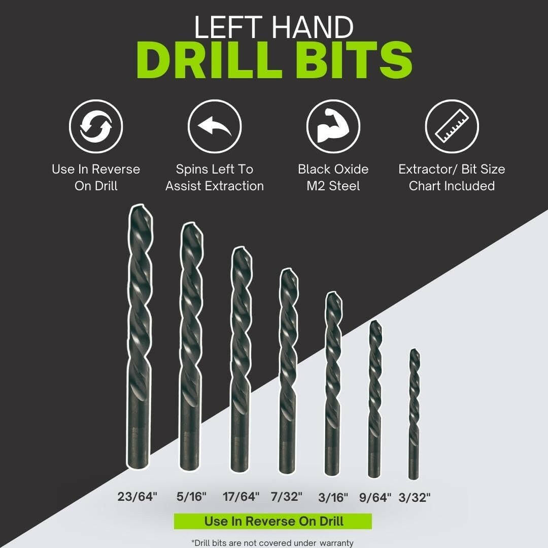 GripEdge BBX14S left-hand drill bits infographic showing sizes 3/32 to 23/64 with Black Oxide M2 steel details