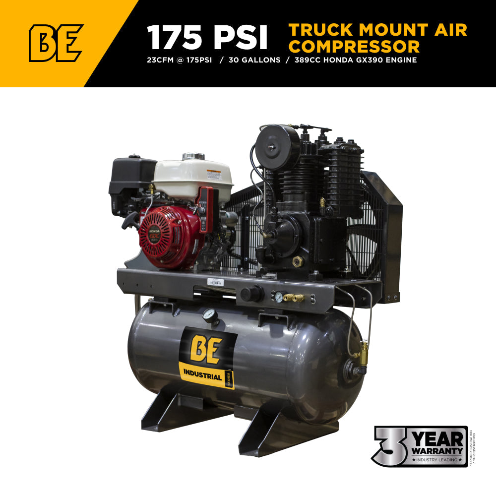 BE Power Equipment AC1330HEB2 175 PSI Truck Mount Air Compressor - 23 CFM, 30 Gallons, Honda GX390 Engine, 3-Year Warranty