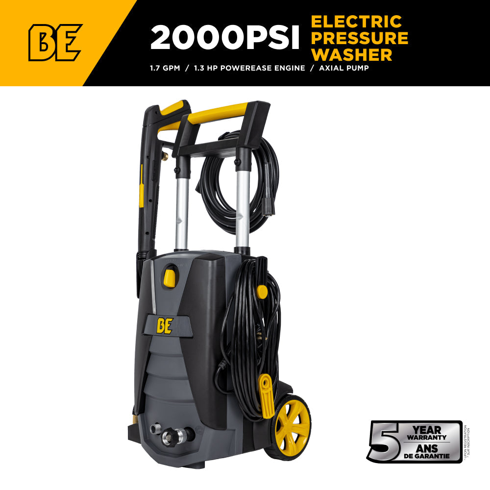 BE Power Equipment P1915EN 2,000 PSI Electric Pressure Washer with 5-Year Warranty badge, 1.7 GPM and 1.3 HP Powerease engine callout