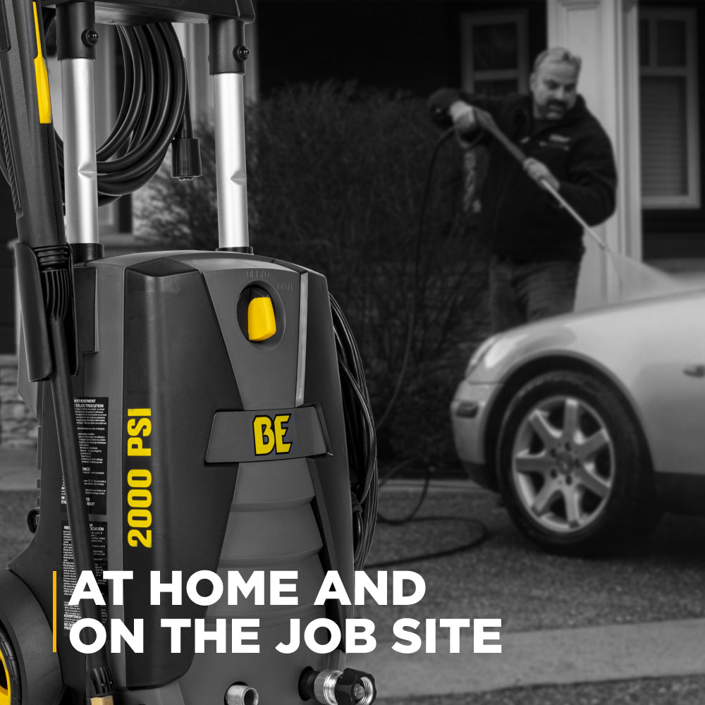 BE Power Equipment P1915EN 2,000 PSI Electric Pressure Washer in use for vehicle washing, lifestyle photo at home and on the job site