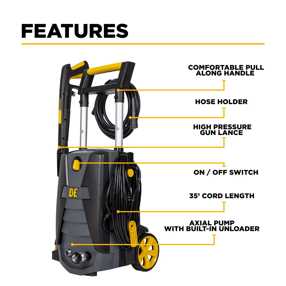 BE Power Equipment P1915EN Electric Pressure Washer features diagram highlighting comfortable pull handle, hose holder, high pressure gun lance, on/off switch, 35-foot cord, and axial pump with built-in unloader