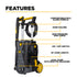 BE Power Equipment P1915EN Electric Pressure Washer features diagram highlighting comfortable pull handle, hose holder, high pressure gun lance, on/off switch, 35-foot cord, and axial pump with built-in unloader