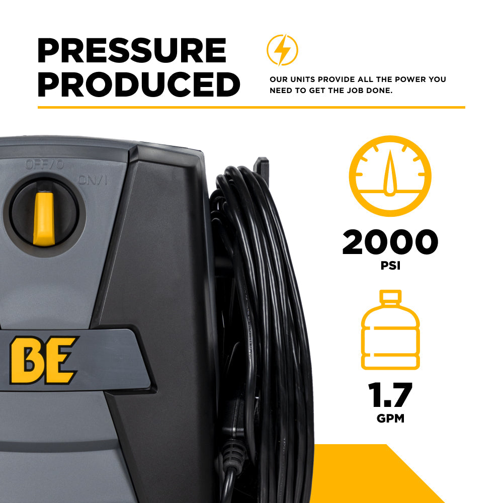 BE Power Equipment P1915EN Electric Pressure Washer close-up of on/off switch and cord, showing 2,000 PSI and 1.7 GPM pressure output