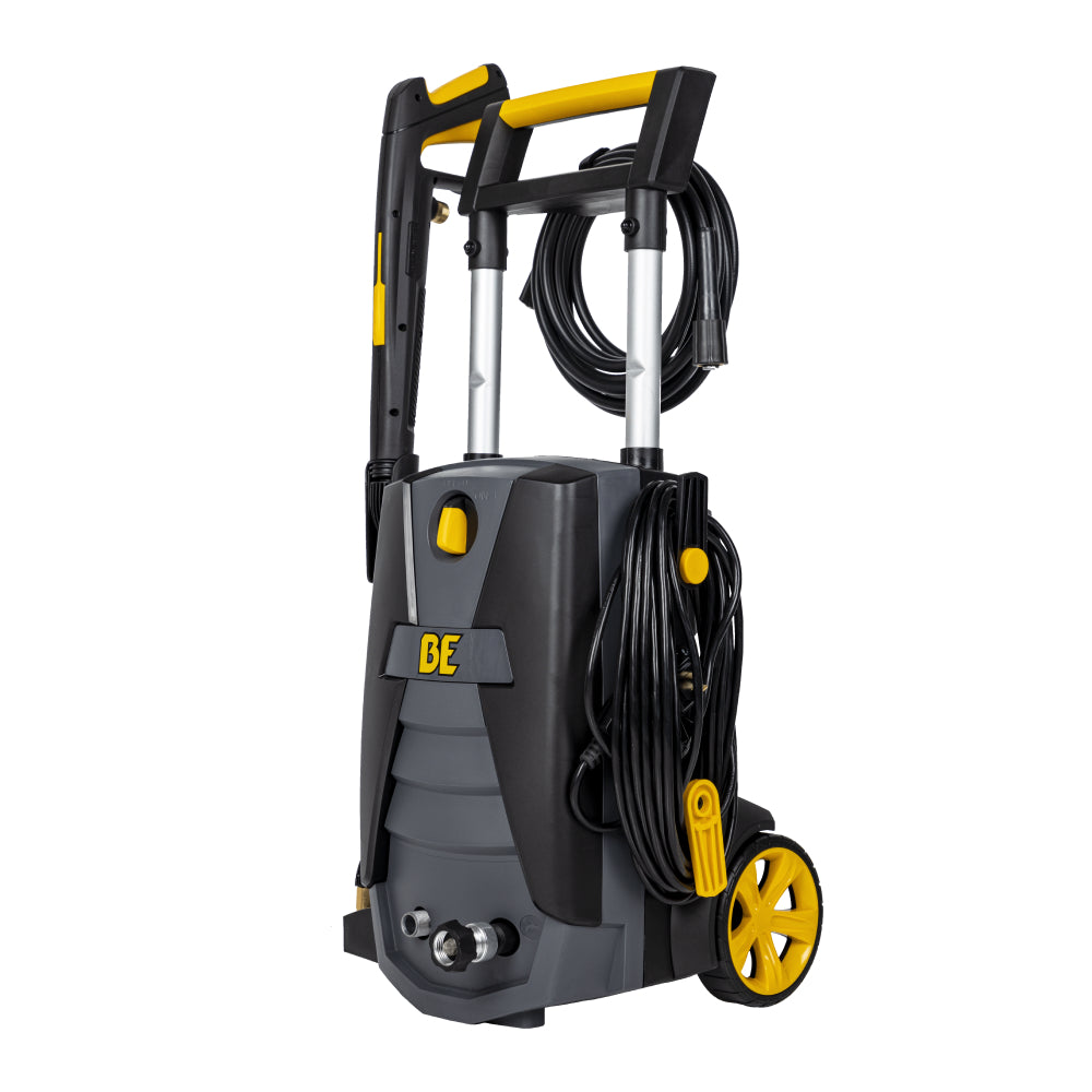 BE Power Equipment P1915EN 2,000 PSI Electric Pressure Washer, angled side view showing yellow and black frame with 5-inch flat-free wheels and hose wrap