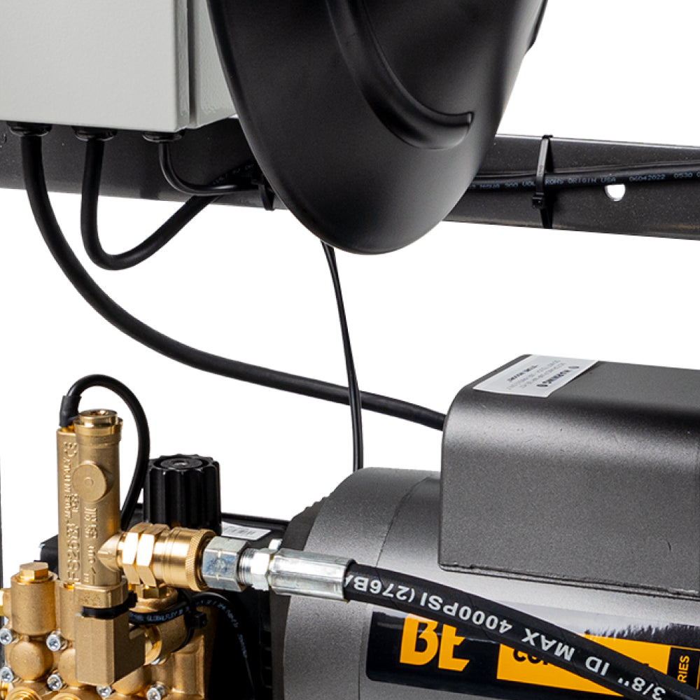 BE Power Equipment X-1520FW1ARH close-up of triplex pump and Baldor electric motor