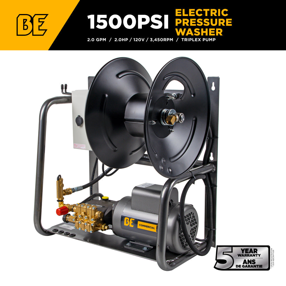 BE Power Equipment X-1520FW1GENH 1500 PSI electric pressure washer with 5-year warranty badge