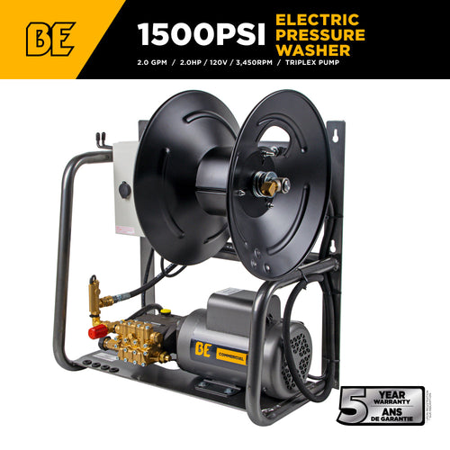 BE Power Equipment X-1520FW1GENH 1500 PSI electric pressure washer with 5-year warranty badge