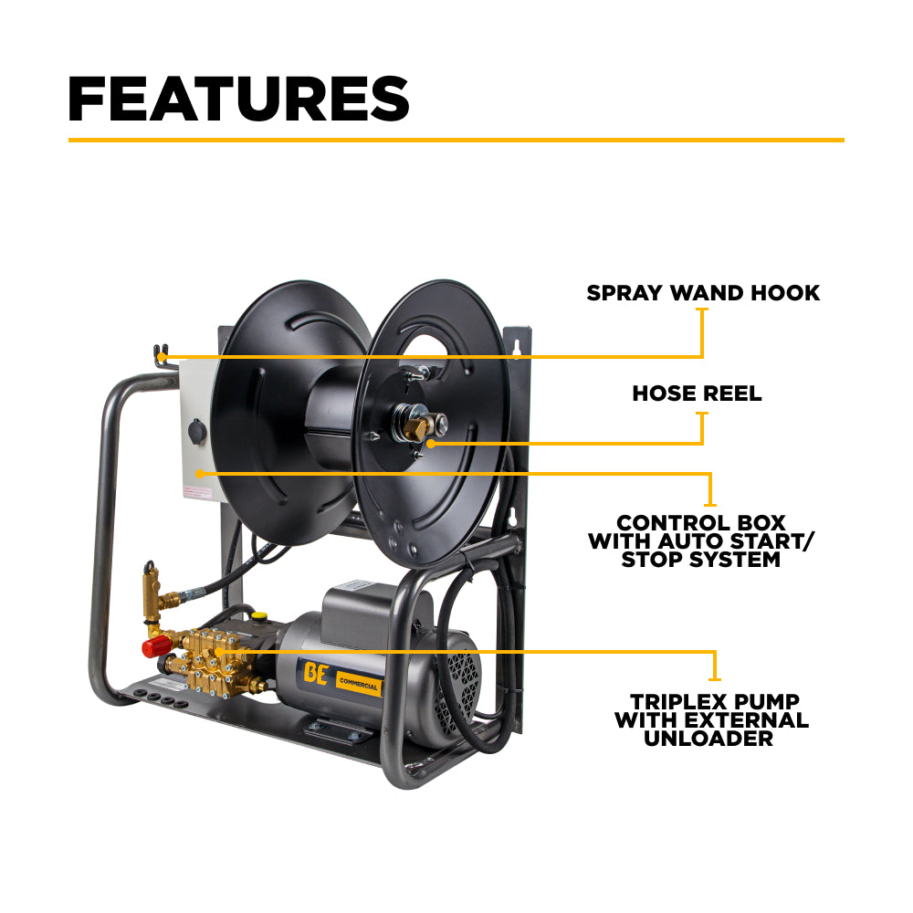 X-1520FW1GENH features diagram highlighting spray wand hook, hose reel, auto start/stop control box and triplex pump with external unloader