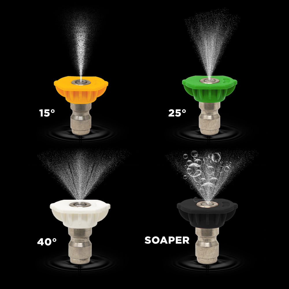 Quick-connect spray nozzle set included with X-1520FW1GENH: 15 degree, 25 degree, 40 degree and soaper nozzles