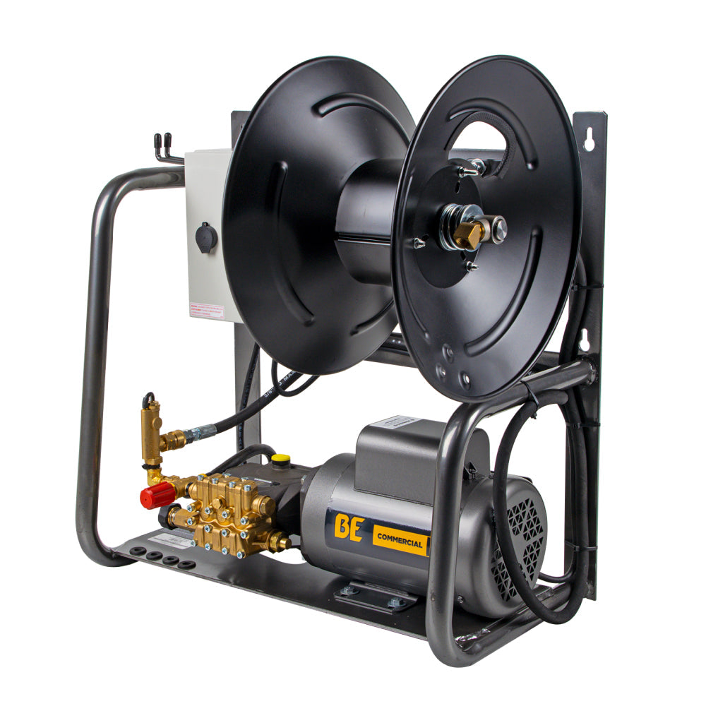 BE Power Equipment X-1520FW1GENH wall mount electric pressure washer with hose reel, triplex pump and Baldor motor on powder-coated steel frame