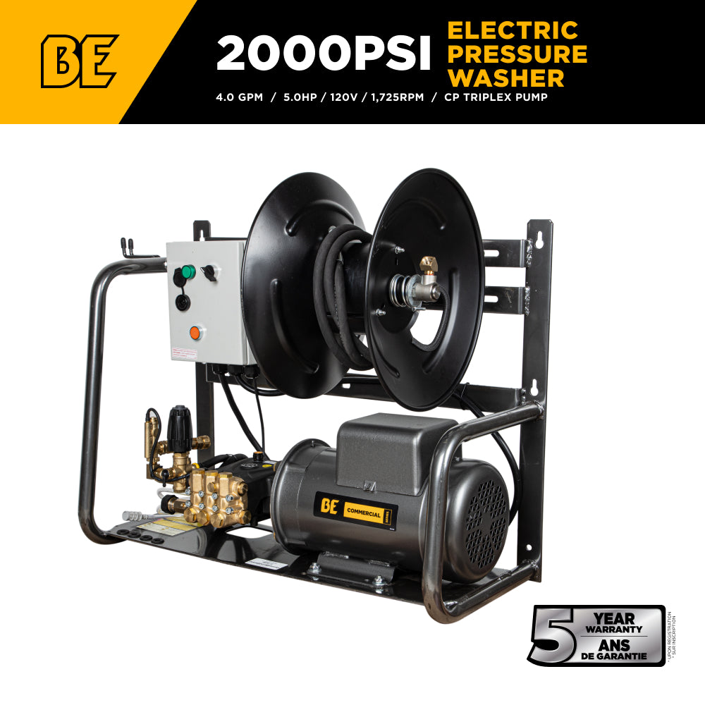 BE Power Equipment X-2050FW1A 2000 PSI Electric Pressure Washer - 5.0 HP Baldor Motor, CP Triplex Pump, 5-Year Warranty