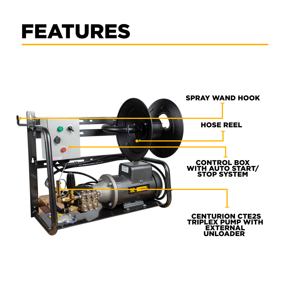 BE Power Equipment X-2050FW1A Features - Spray Wand Hook, Hose Reel, Control Box with Auto Start/Stop, Centurion CTE2S Triplex Pump