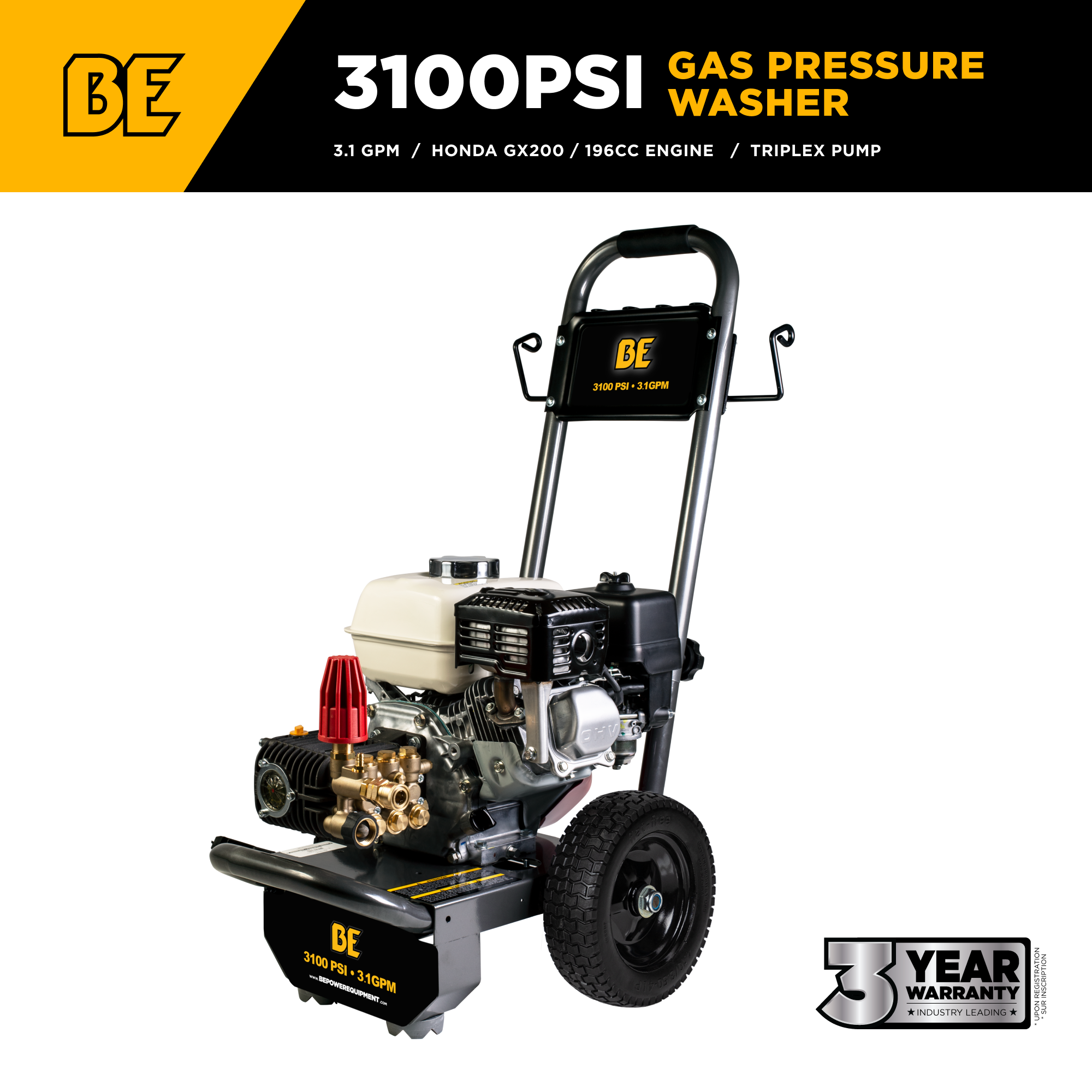 BE Power Equipment B3165HC 3100 PSI Gas Pressure Washer with Honda GX200 196cc Engine and Comet Triplex Pump, 3-Year Warranty