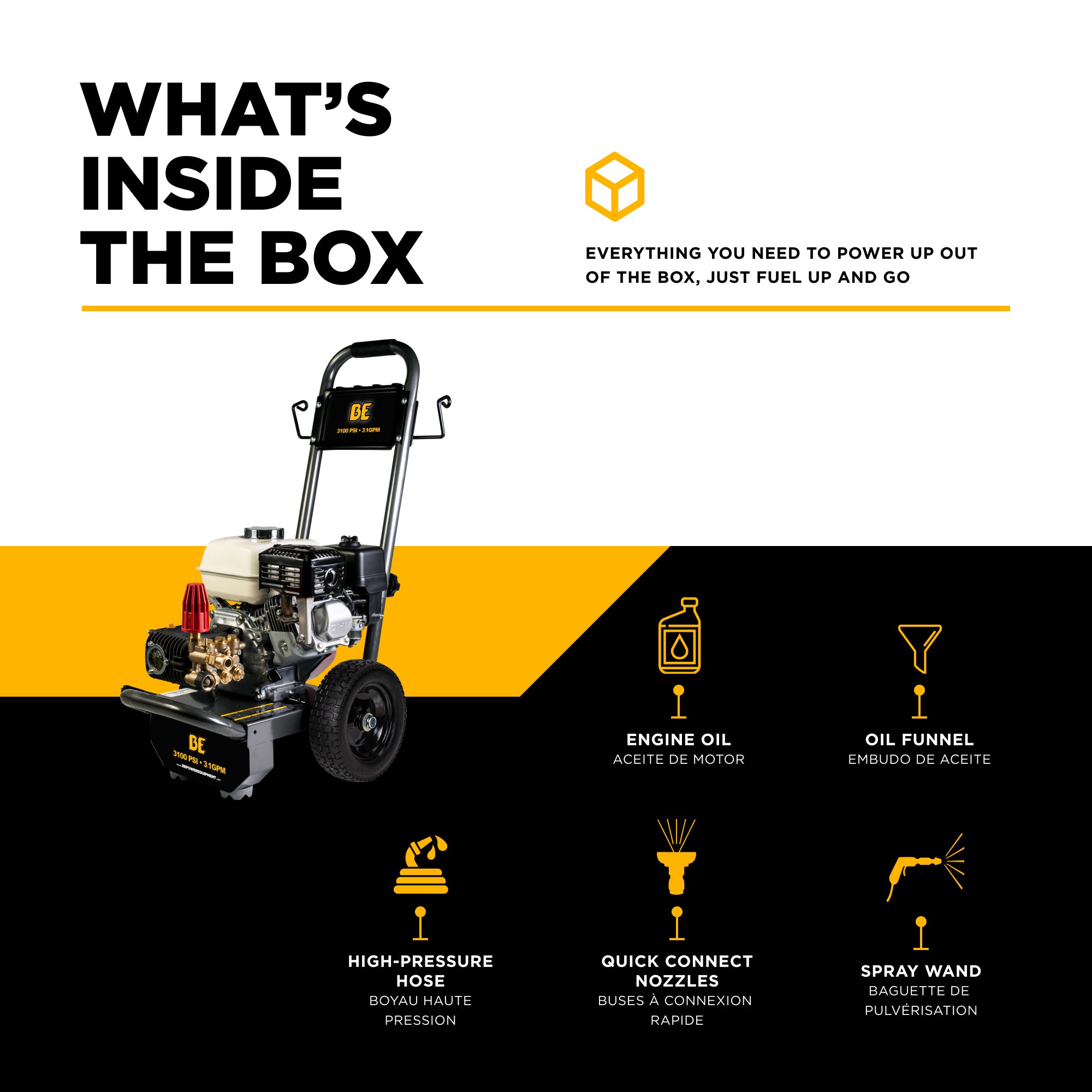BE Power Equipment B3165HC In the Box: engine oil, oil funnel, high-pressure hose, quick-connect nozzles, and spray wand