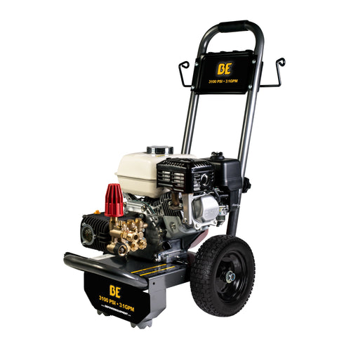 BE Power Equipment B3165HC 3100 PSI 3.1 GPM Cold Water Gas Pressure Washer on hand truck frame with 10-inch flat-free tires