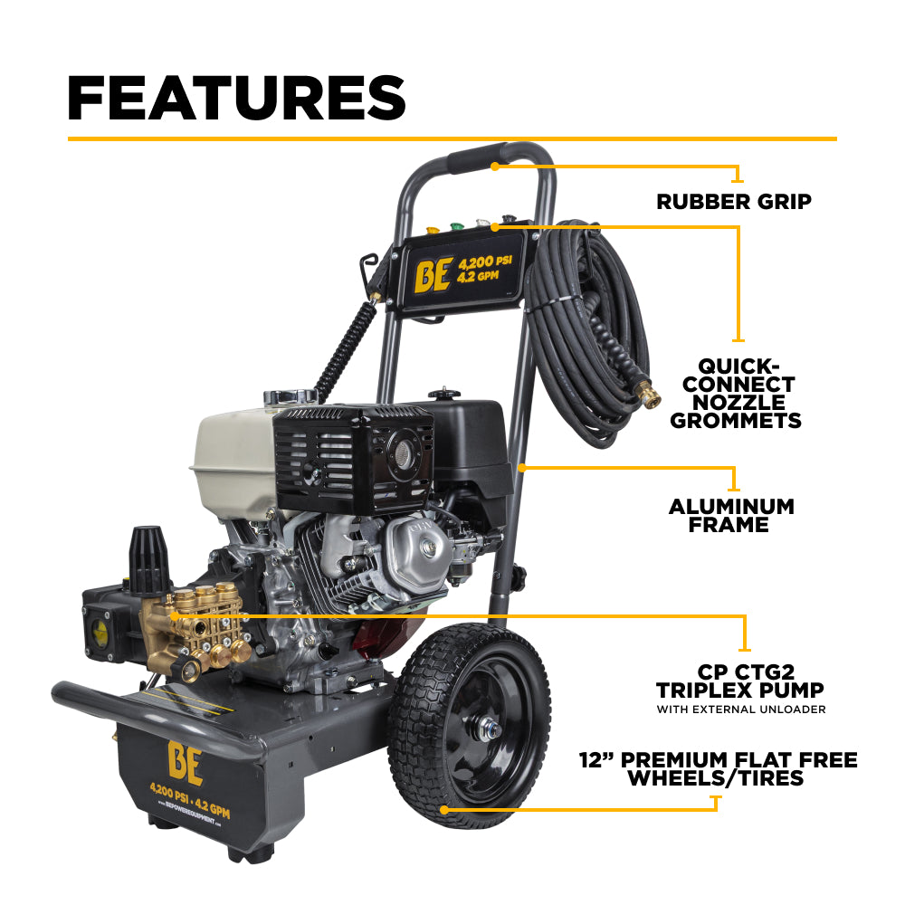 BE Power Equipment B4213HA Features Diagram - Rubber Grip, Aluminum Frame, CP CTG2 Triplex Pump, 12-Inch Premium Flat Free Tires