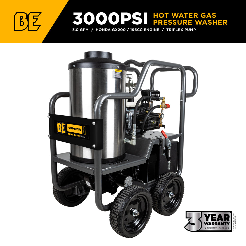BE Power Equipment HW2765HG 3000 PSI Hot Water Gas Pressure Washer - Honda GX200 196cc Engine, Triplex Pump