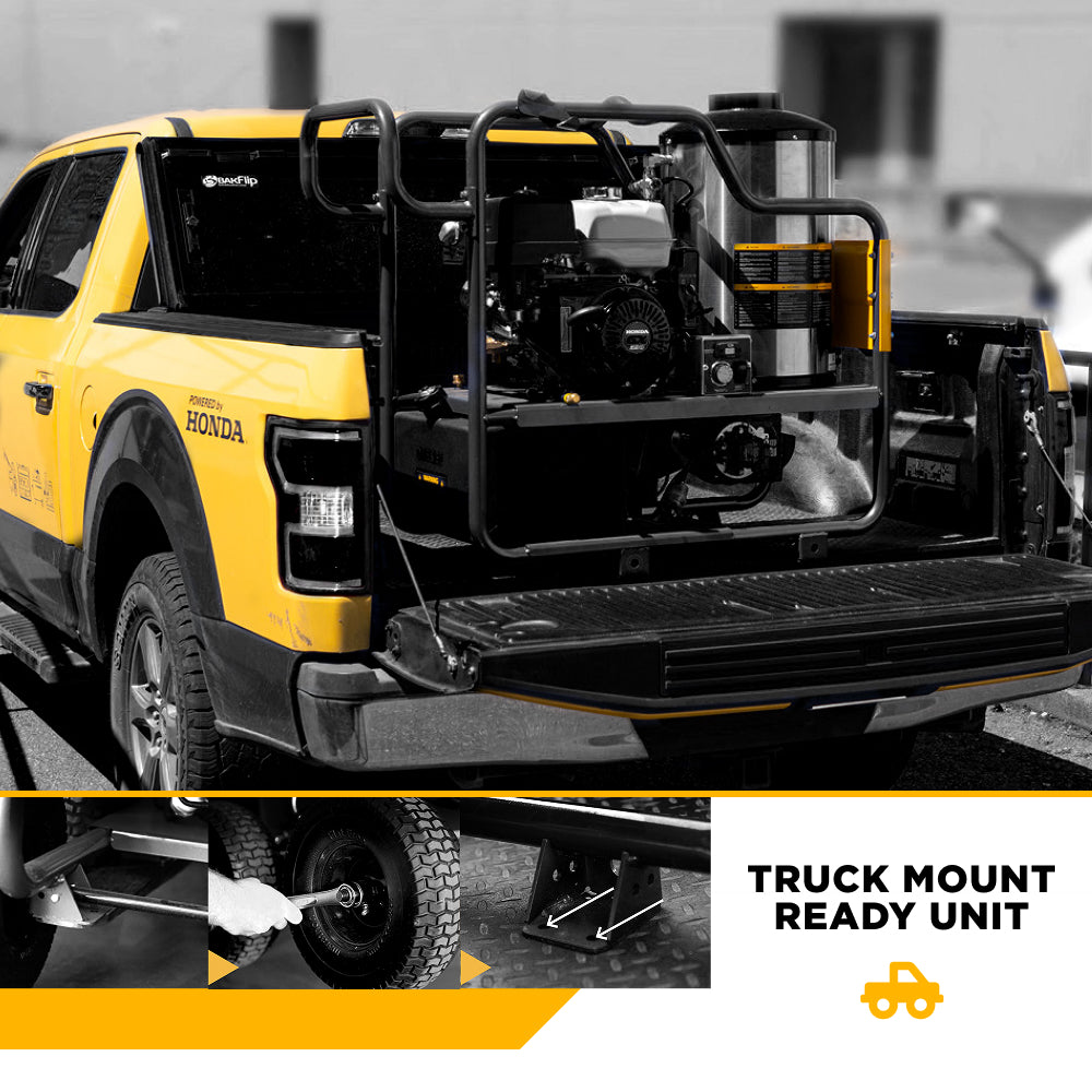 BE Power Equipment HW2765HG Truck Mount Ready Hot Water Gas Pressure Washer in Truck Bed