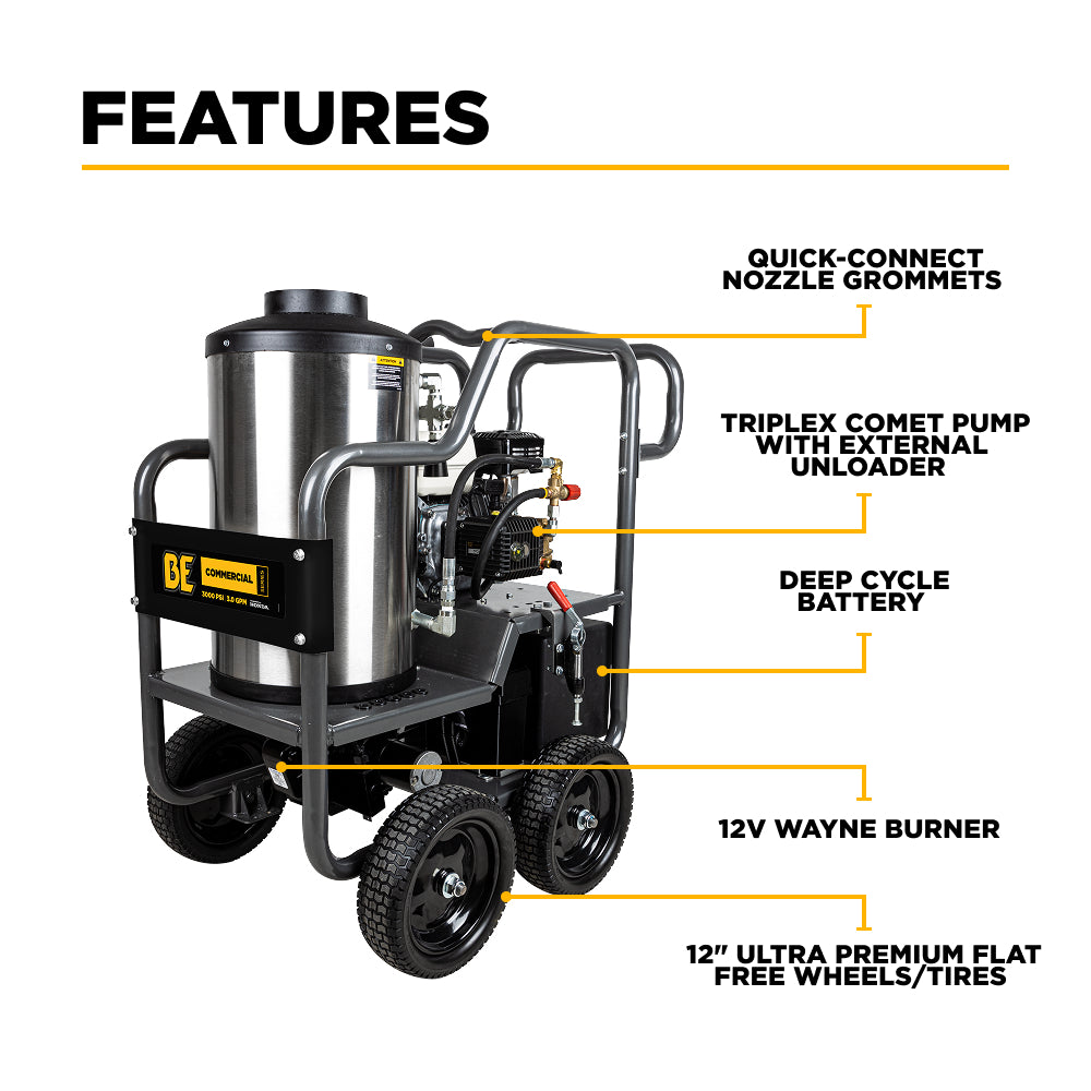 BE Power Equipment HW2765HG Features - Quick-Connect Nozzles, Triplex Pump, Deep Cycle Battery, 12V Wayne Burner, 12in Flat-Free Tires