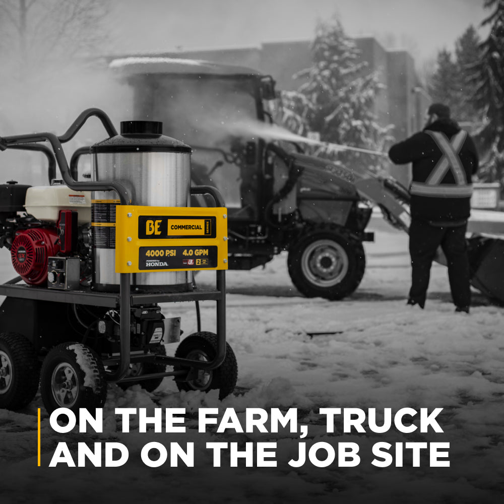 BE Power Equipment HW4013HG Commercial Hot Water Pressure Washer in use on farm and job site