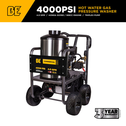 BE Power Equipment HW4013HG 4000 PSI Hot Water Gas Pressure Washer - Honda GX390 Triplex Pump - 3 Year Warranty
