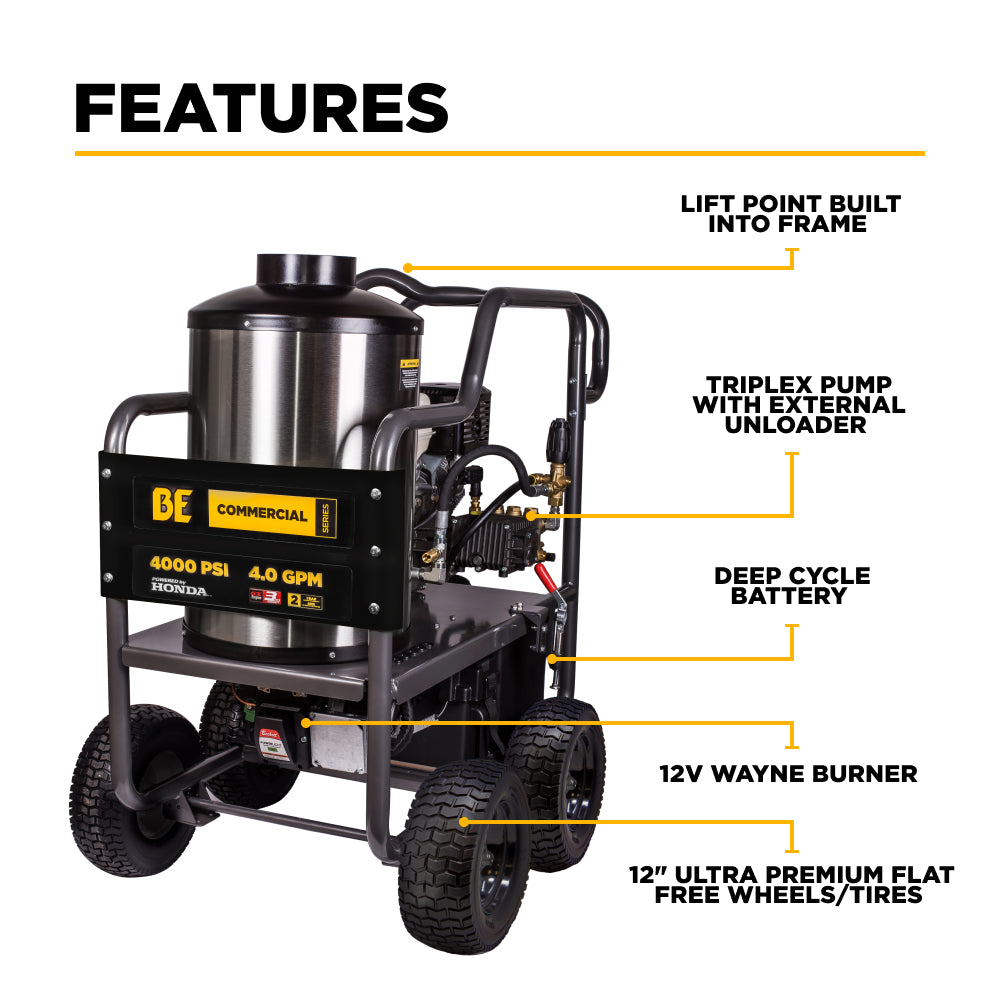BE Power Equipment HW4013HG Hot Water Gas Pressure Washer - frame and wheel detail