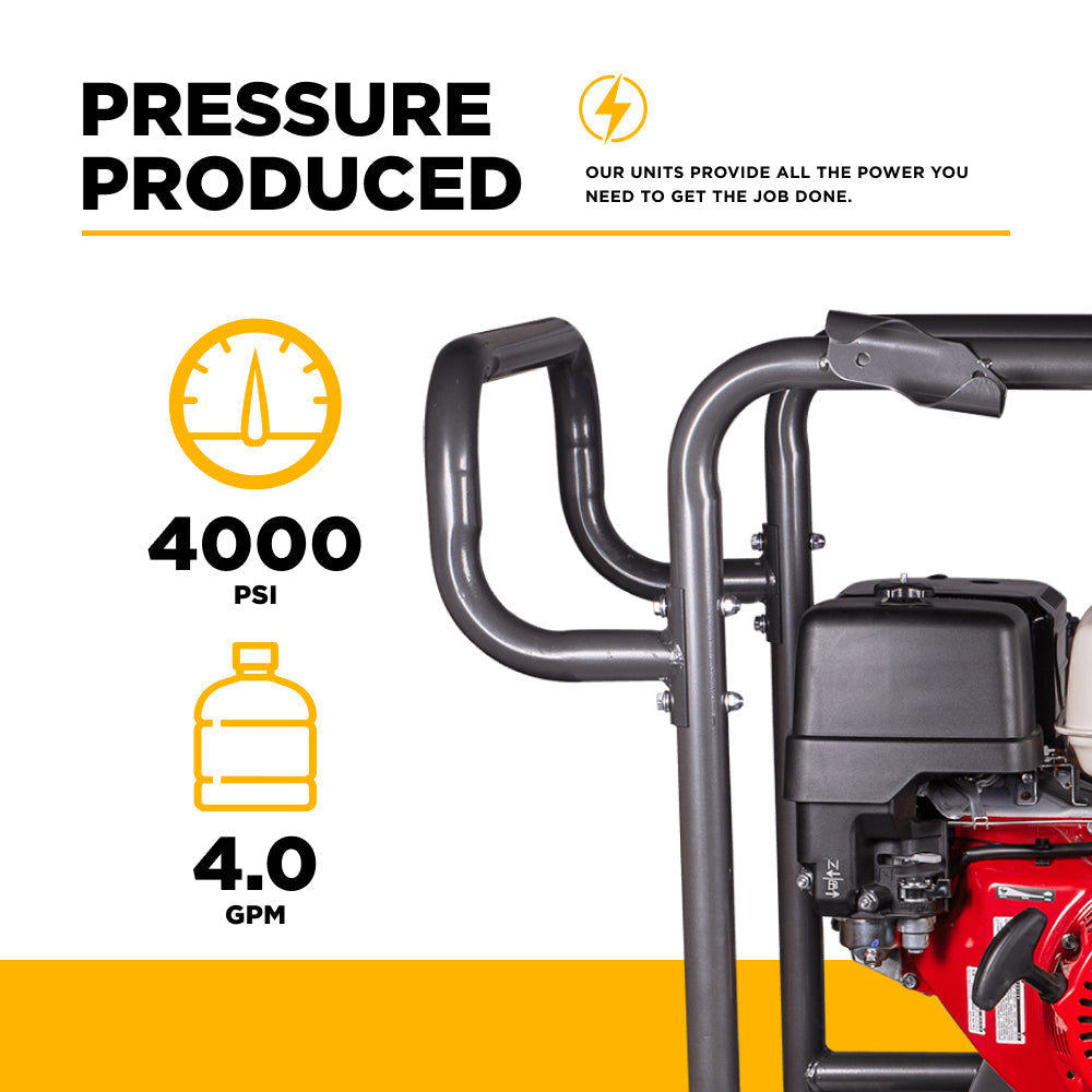 BE Power Equipment HW4013HG Pressure Performance - 4000 PSI and 4.0 GPM with Honda GX390 Engine