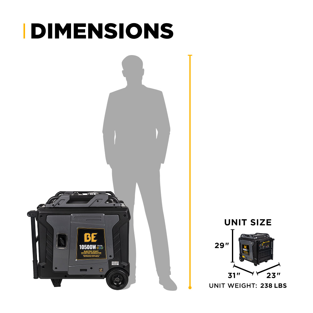 BE Power Equipment BE10500IT inverter generator dimensions diagram - unit size 31in x 23in x 29in, 238 lbs unit weight