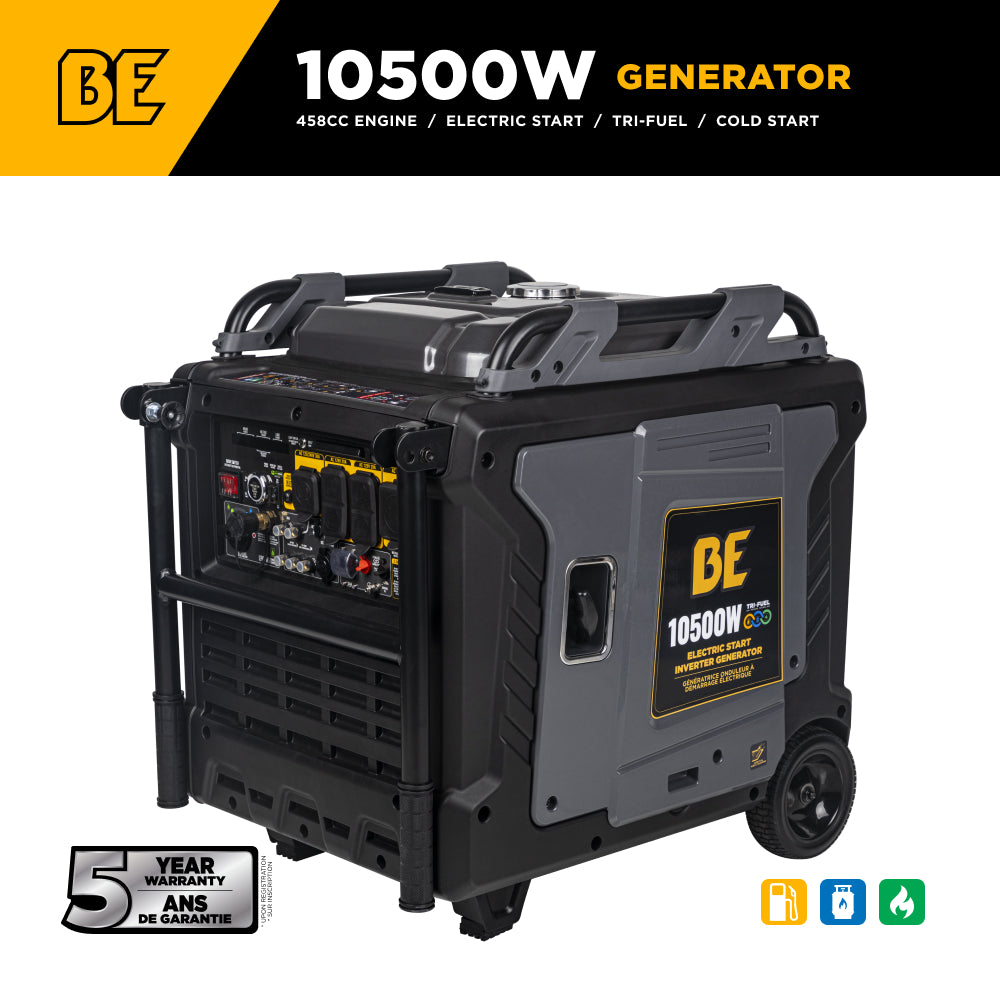 BE Power Equipment BE10500IT Générateur à onduleur tri-carburant 10 500 watts de pointe, démarrage à recul/électrique, carburants gaz/propane/gaz naturel