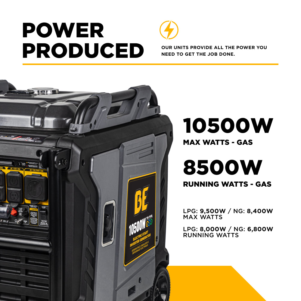BE Power Equipment BE10500IT power output specs - 10,500W max and 8,500W running on gas, with LPG and natural gas ratings