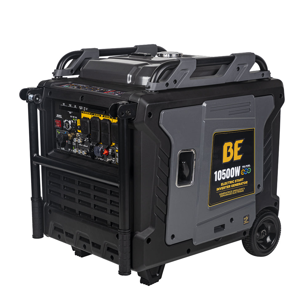 BE Power Equipment BE10500IT 10,500W Tri-Fuel Electric Start Inverter Generator - front angle view showing control panel and wheels