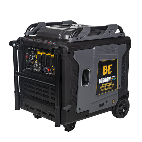 BE Power Equipment BE10500IT 10,500W Tri-Fuel Electric Start Inverter Generator - front angle view showing control panel and wheels