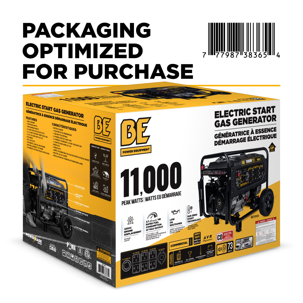 BE Power Equipment BE11000 Generator - retail packaging box showing 11,000 peak watts, 420CC engine displacement, and included accessories