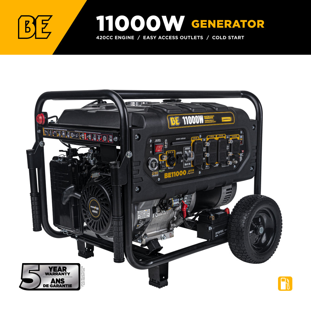 BE Power Equipment BE11000 11,000W Generator - marketing image highlighting 420CC engine, easy access outlets, and cold start capability with 5-year warranty badge