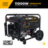 BE Power Equipment BE11000 11,000W Generator - marketing image highlighting 420CC engine, easy access outlets, and cold start capability with 5-year warranty badge