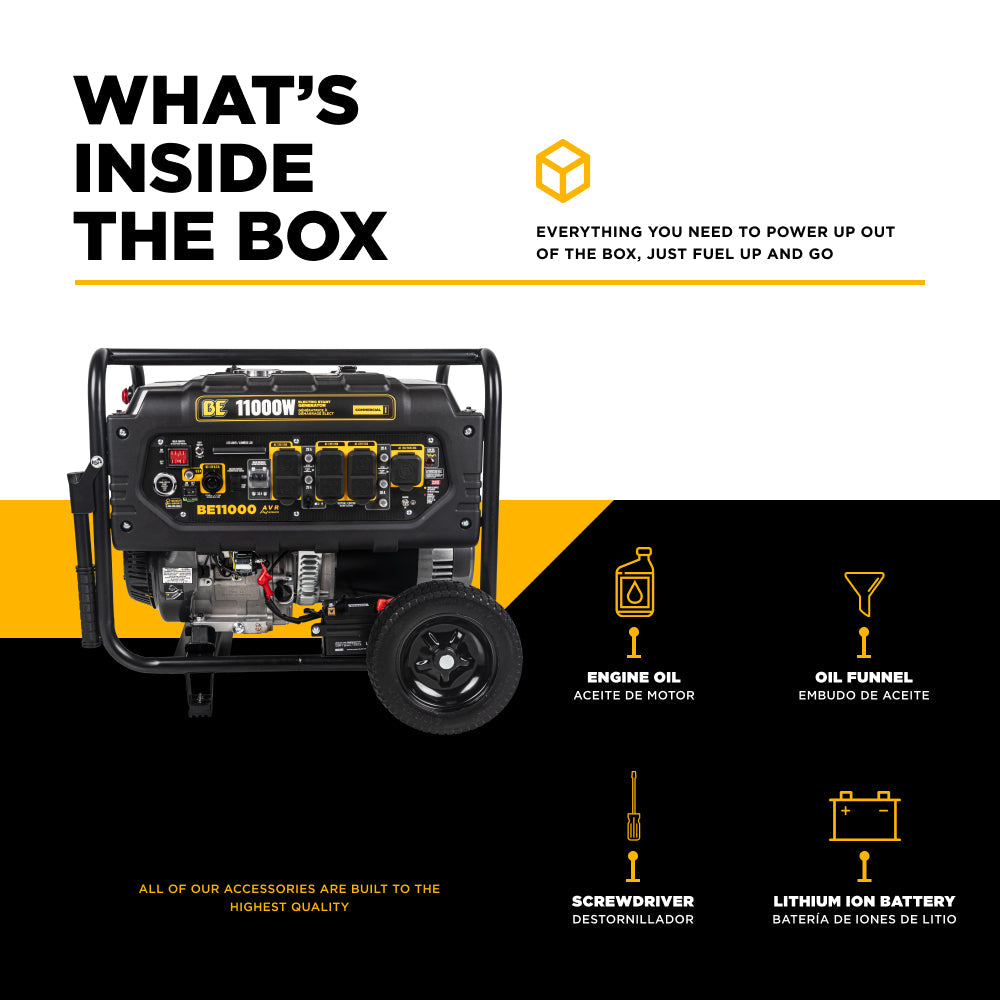 BE Power Equipment BE11000 Generator - what's in the box infographic showing engine oil, oil funnel, screwdriver, and lithium ion battery