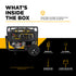 BE Power Equipment BE11000 Generator - what's in the box infographic showing engine oil, oil funnel, screwdriver, and lithium ion battery