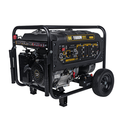 BE Power Equipment BE11000 11,000W Electric Start Portable Generator - angled front view showing 420cc Powerease engine, roll cage, and outlet panel