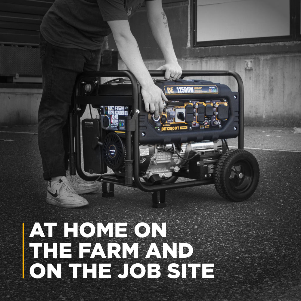 Person rolling BE Power Equipment BE12500T 12,500W Tri-Fuel Generator on pavement with text: At Home on the Farm and on the Job Site
