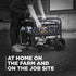 Person rolling BE Power Equipment BE12500T 12,500W Tri-Fuel Generator on pavement with text: At Home on the Farm and on the Job Site