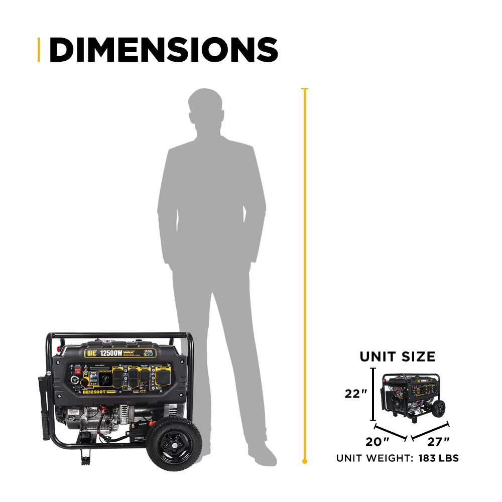 BE Power Equipment BE12500T Generator dimensions infographic showing unit size 22" H x 20" W x 27" D and unit weight of 183 lbs compared to human silhouette for scale