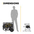 BE Power Equipment BE12500T Generator dimensions infographic showing unit size 22" H x 20" W x 27" D and unit weight of 183 lbs compared to human silhouette for scale