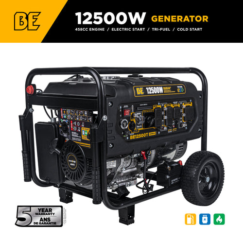 BE Power Equipment BE12500T 12,500W Generator product banner highlighting 458cc engine, electric start, tri-fuel capability, cold start technology, and 5-year registered warranty