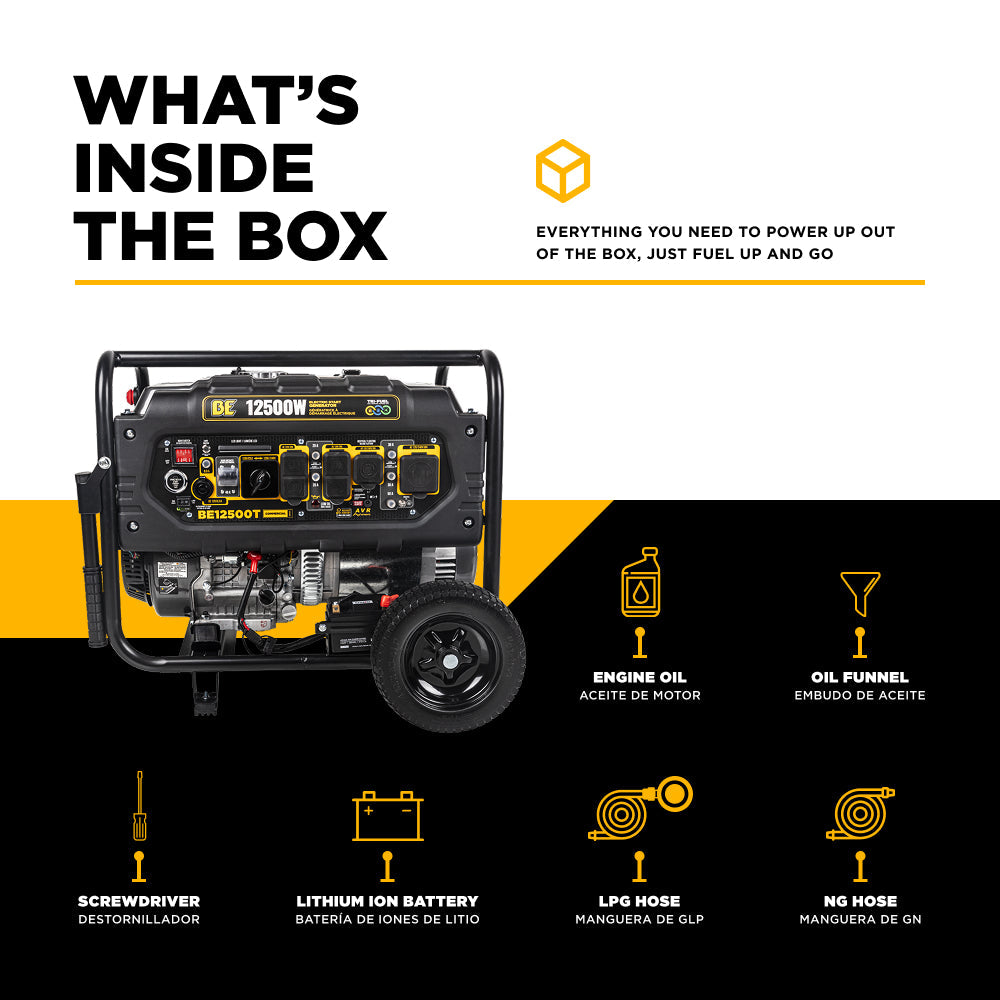 BE Power Equipment BE12500T Generator in-box contents including engine oil, oil funnel, screwdriver, lithium-ion battery, LPG hose, and NG hose
