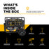 BE Power Equipment BE12500T Generator in-box contents including engine oil, oil funnel, screwdriver, lithium-ion battery, LPG hose, and NG hose