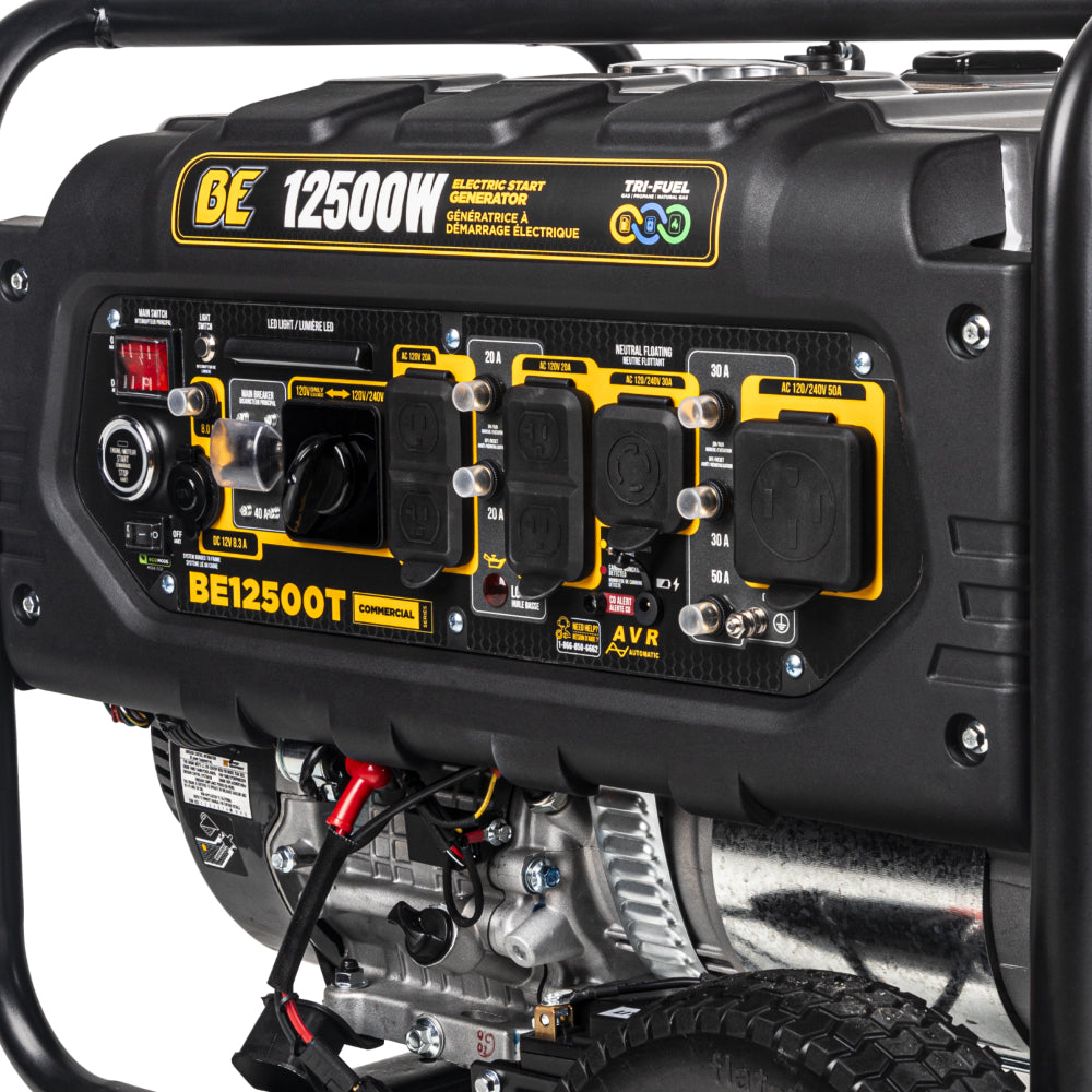BE Power Equipment BE12500T Générateur tri-carburant 12 500 watts de pointe, démarrage à recul/électrique, carburants gaz/propane/gaz naturel