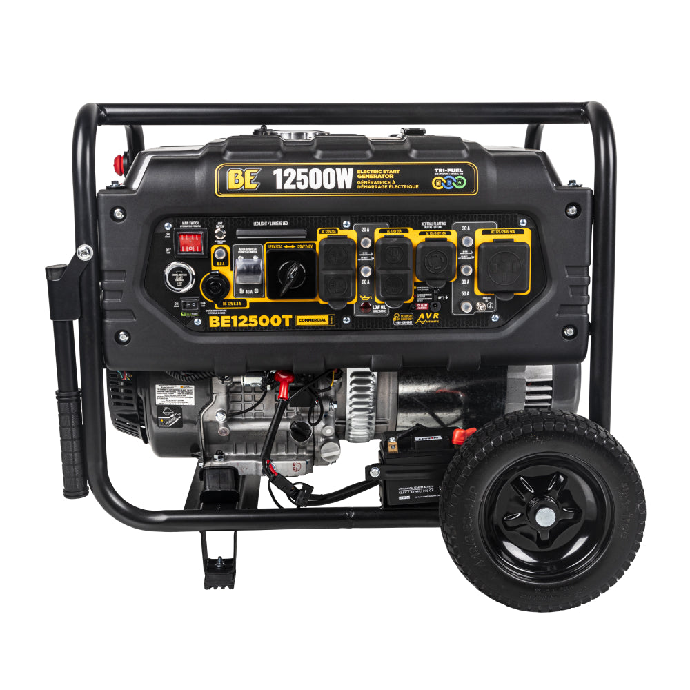 BE Power Equipment BE12500T Générateur tri-carburant 12 500 watts de pointe, démarrage à recul/électrique, carburants gaz/propane/gaz naturel
