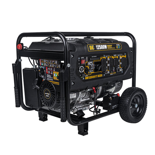 BE Power Equipment BE12500T 12,500W Tri-Fuel Generator, 3/4 angle view showing control panel, PowerEase 458cc engine, weather-protected outlets, and flat-free wheels